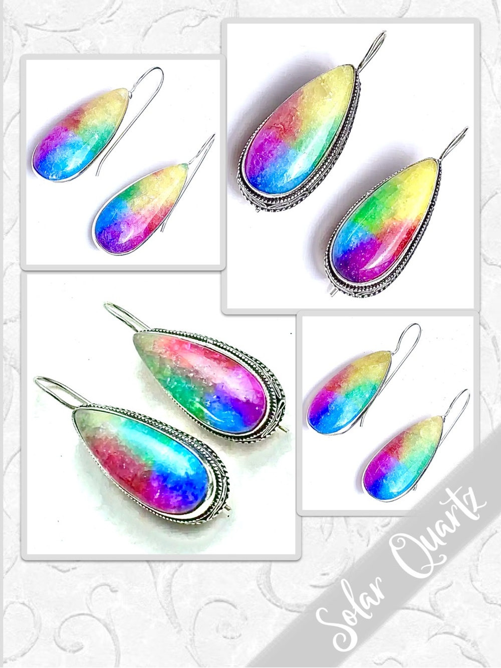 Rainbow Solar Quartz Silver Drop Dangle Earrings, Blue, Green, Yellow, Red, Pink